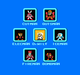 Dr. Wily presents his 6 Robot Masters - Bombman, Cutman, Elecman, Fireman, Gutsman and Iceman.