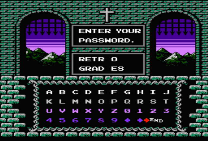 A picture of the Password Screen from Castlevania II:  Simon's Quest.