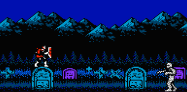 Picture of a cemetery with cross gravestones in Castlevania II:  Simon's Quest.