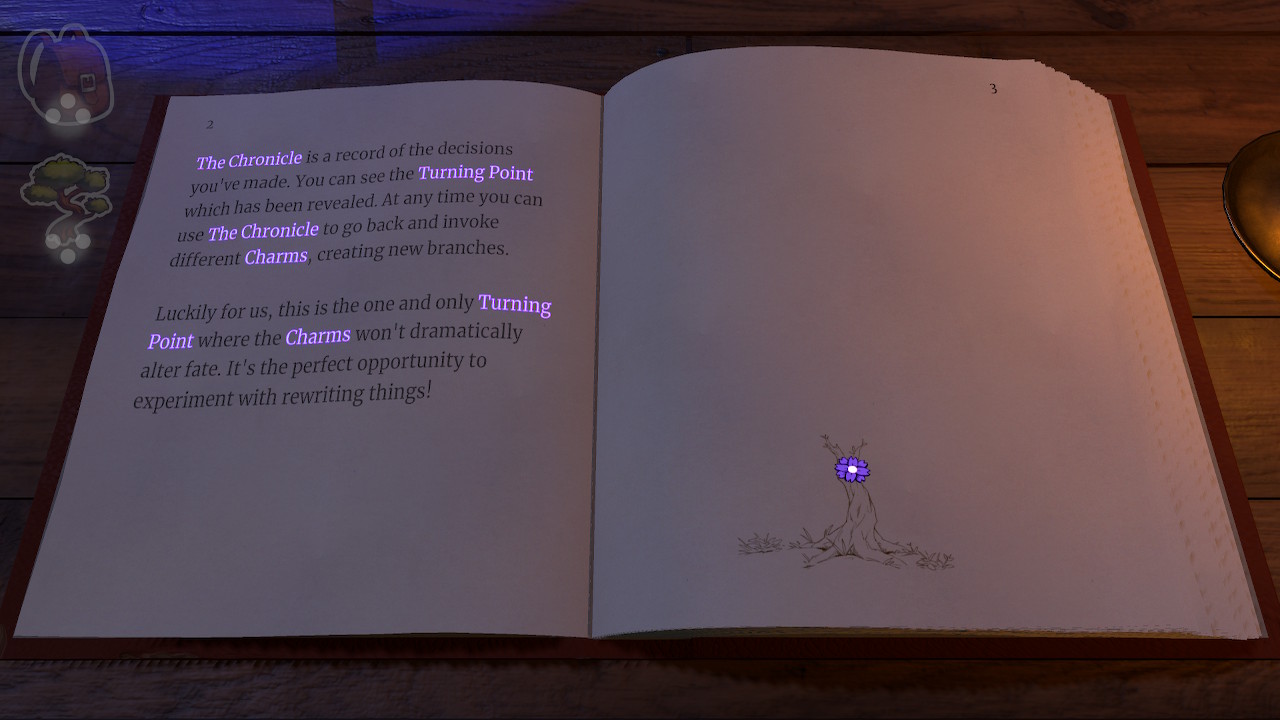 This image describes key terms and mechanics of Beacon Pines:  The Chronicle, Turning Point and Charms.