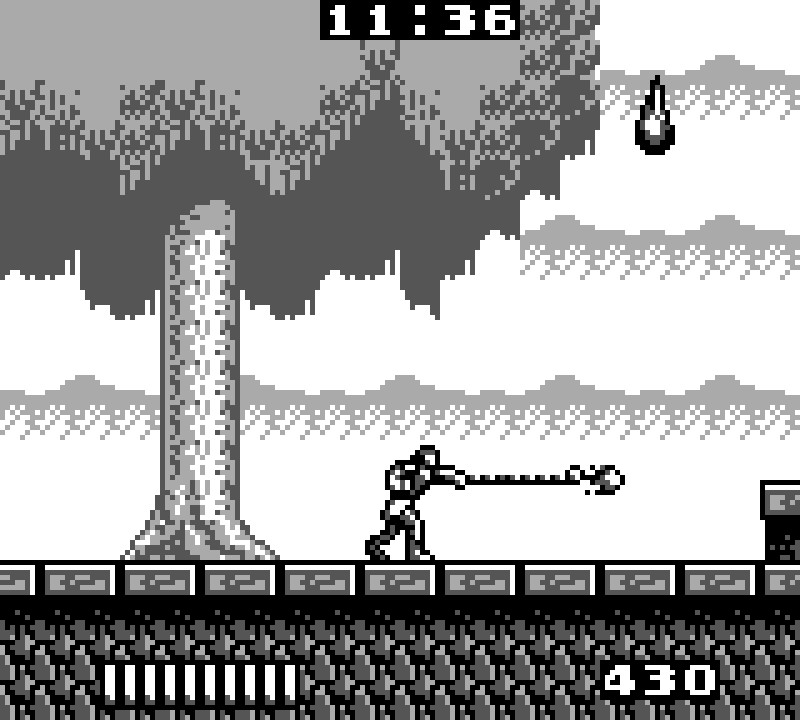 Castlevania - The Adventure - Madman, Valuable Coin, fully-powered Mystic Whip with fireball and Stage 1 scenery