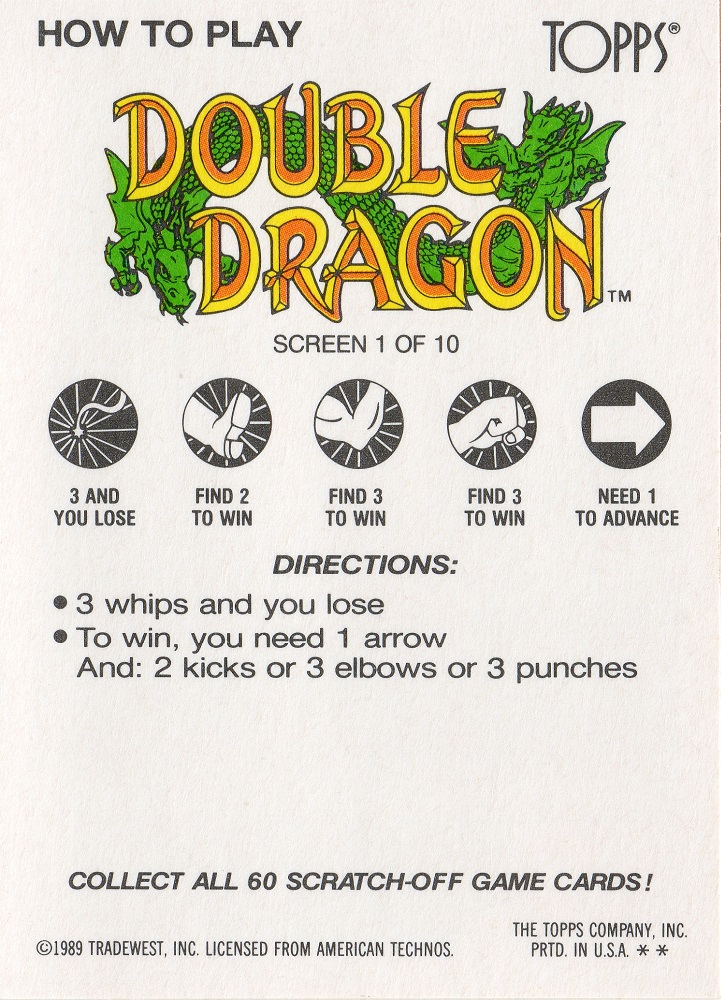 The back of a Double Dragon scratch-off game card from the Topps Nintendo Game Pack cards. It details the game card's rules.