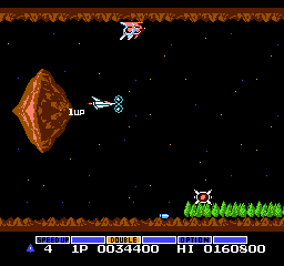 Screenshot of Stage 1 1UP in Gradius--only attainable when the thousands digit is even.