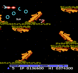 Screenshot of Stage 3 1UP in Gradius--only attainable when the thousands digit is even.