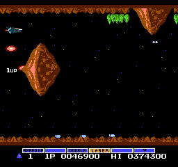 Screenshot of Stage 4 1UP in Gradius--only attainable when the thousands digit is even.