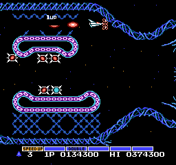 Screenshot of Stage 6 1UP in Gradius--only attainable when the thousands digit is even.