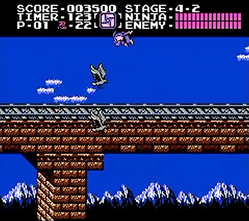 Ryu Hayabusa dodging a swarm of birds - perhaps some of the most obnoxious foes found in any NES game!